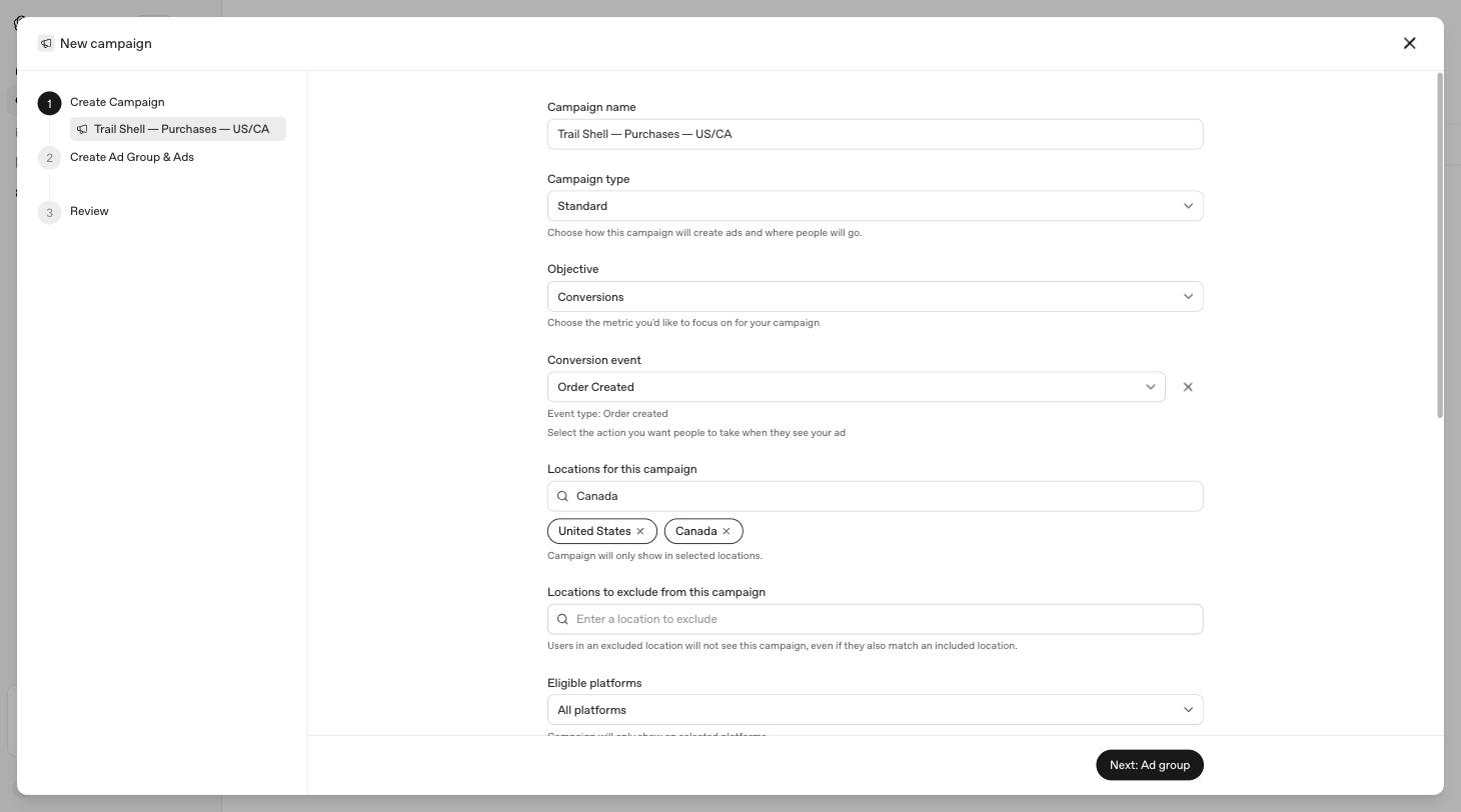 The campaign settings screen with name, type, objective and conversion event filled in