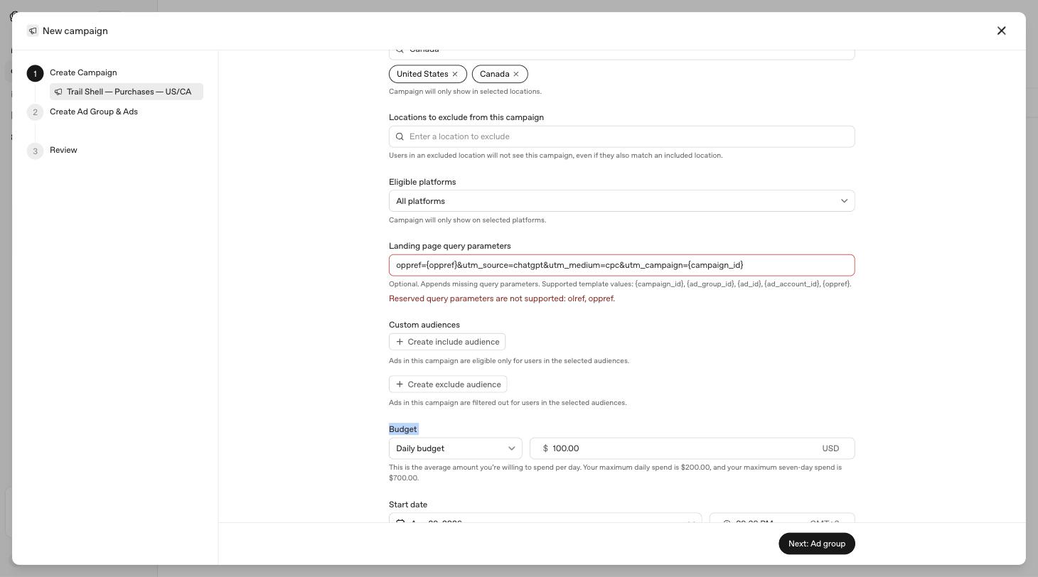 The landing page query parameters field showing the reserved parameter error