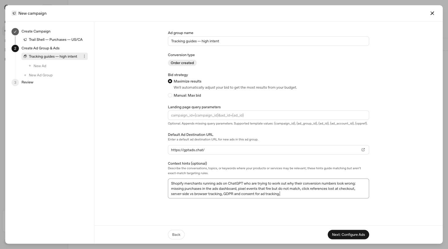 The ad group screen showing bid strategy, destination URL and context hints