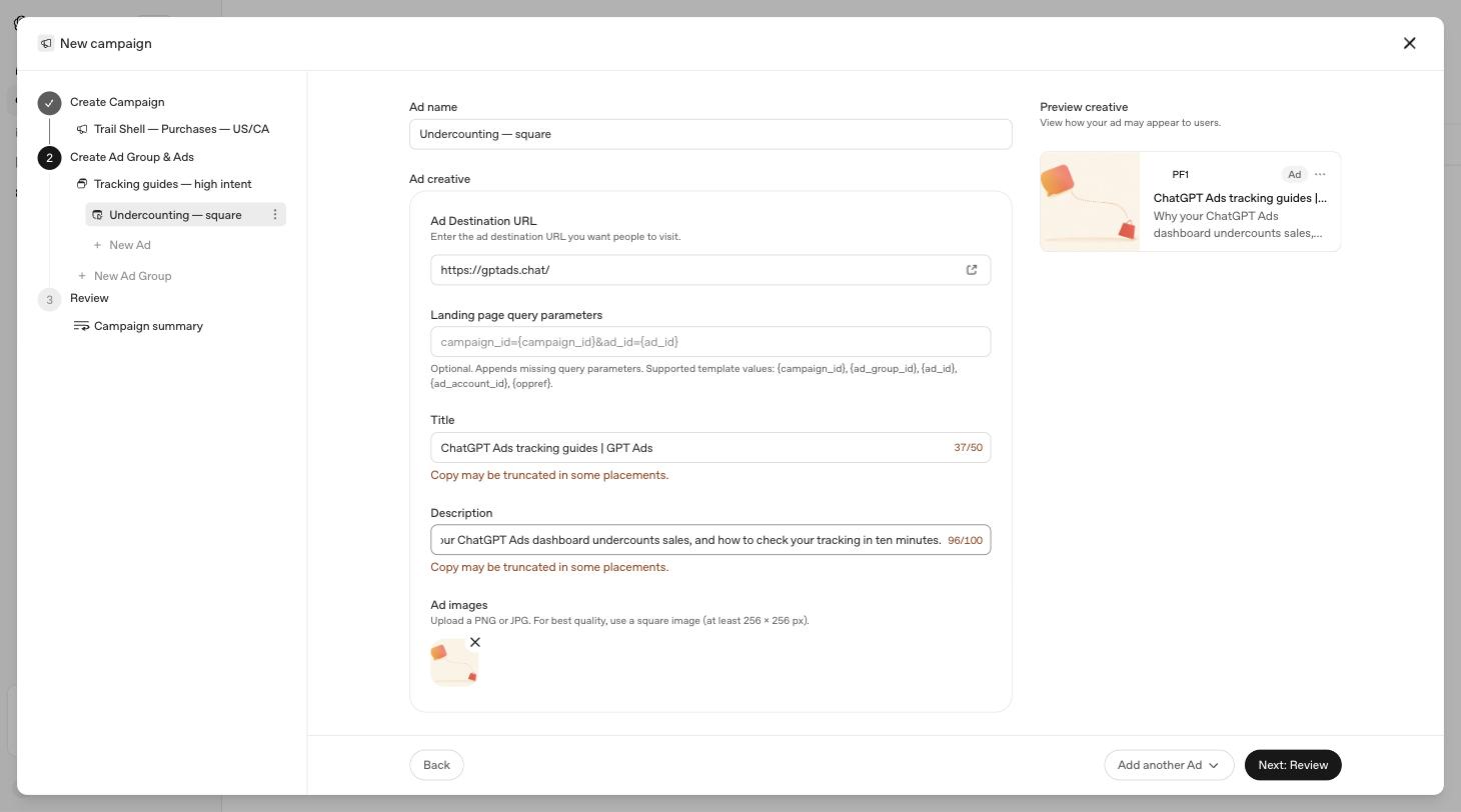 The ad creative screen with title, description, image and live preview