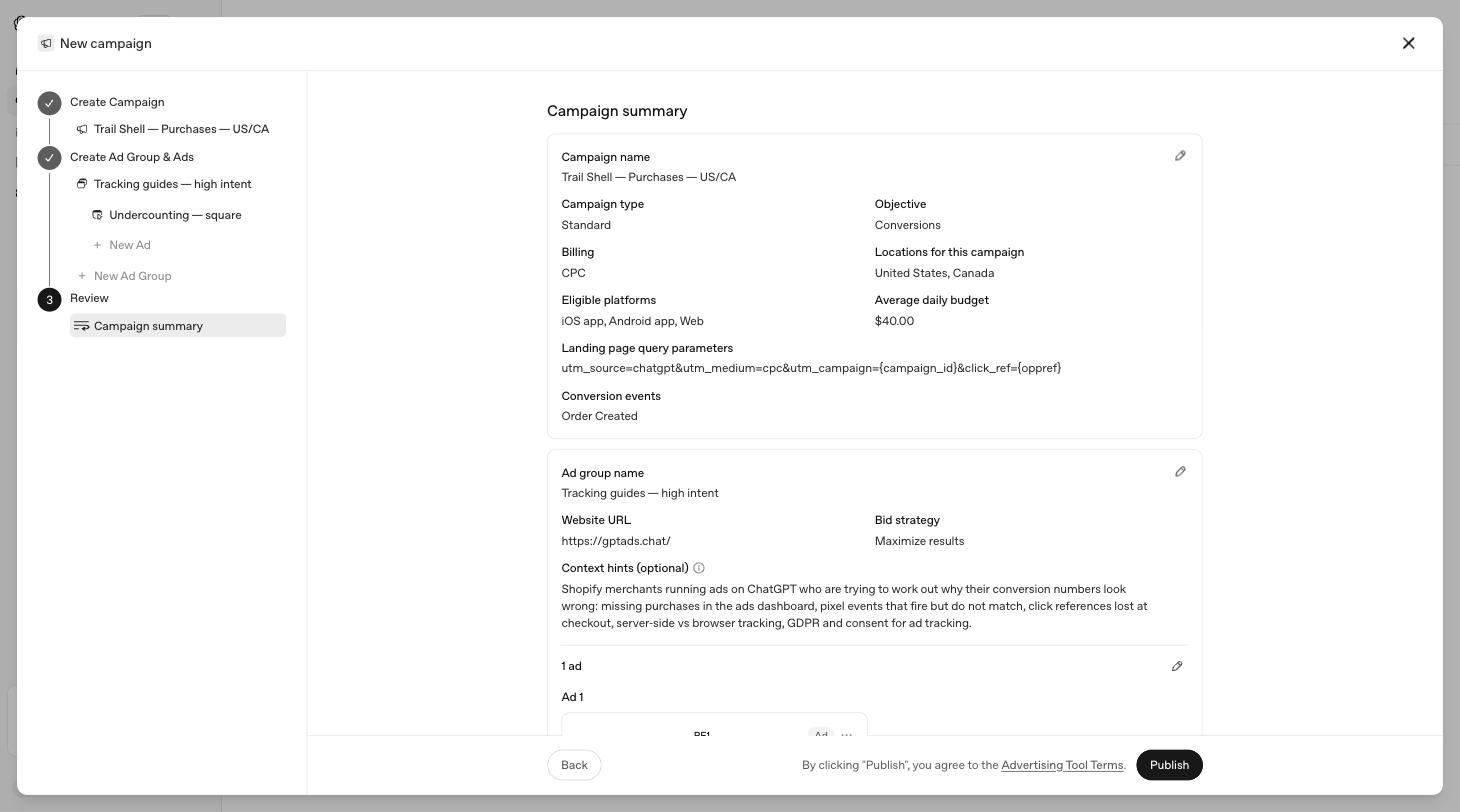 The campaign summary screen before publishing
