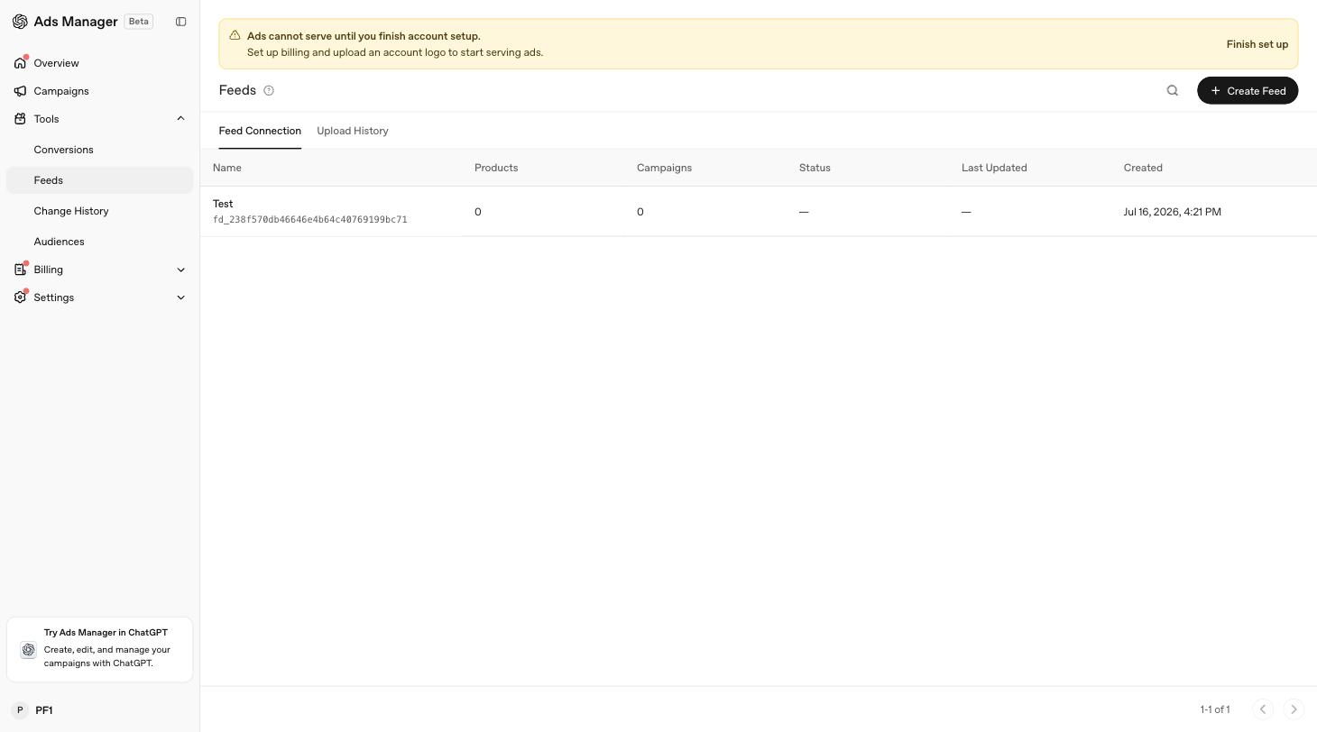 The Feeds list showing products, campaigns, status and last updated columns