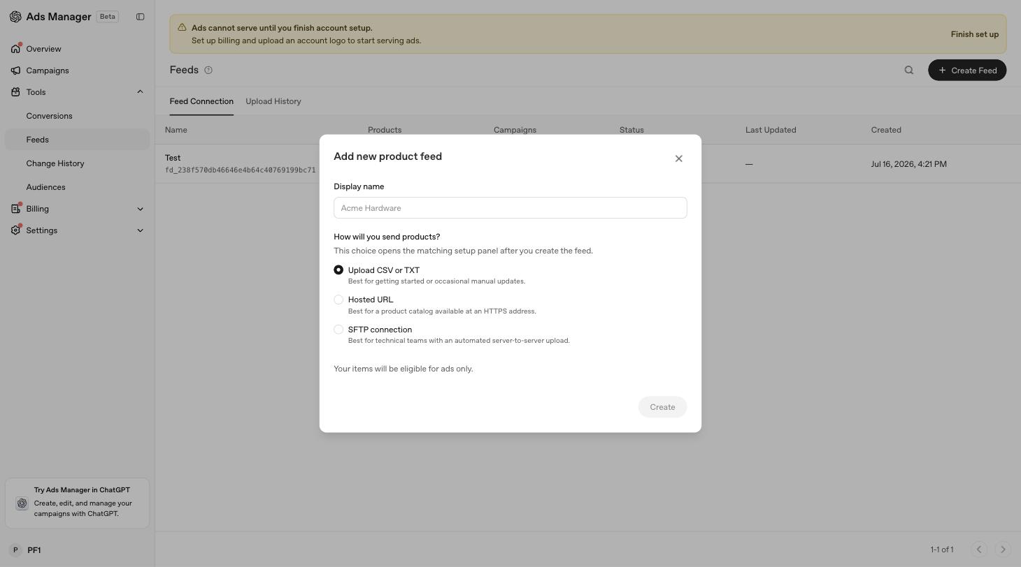 The Add new product feed dialog with three delivery options