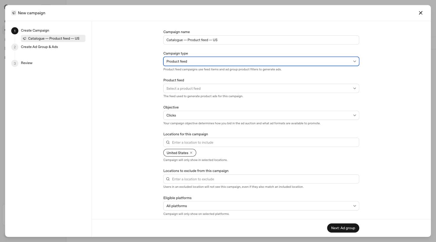 The campaign screen with Product feed selected and a feed selector