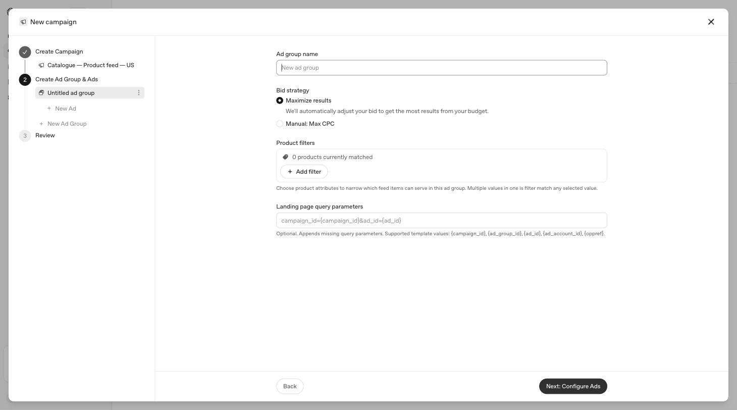 The Product feed ad group showing product filters and a matched product count