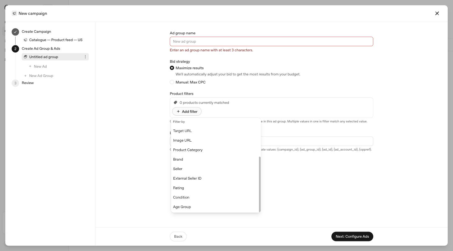 The product filter attribute list