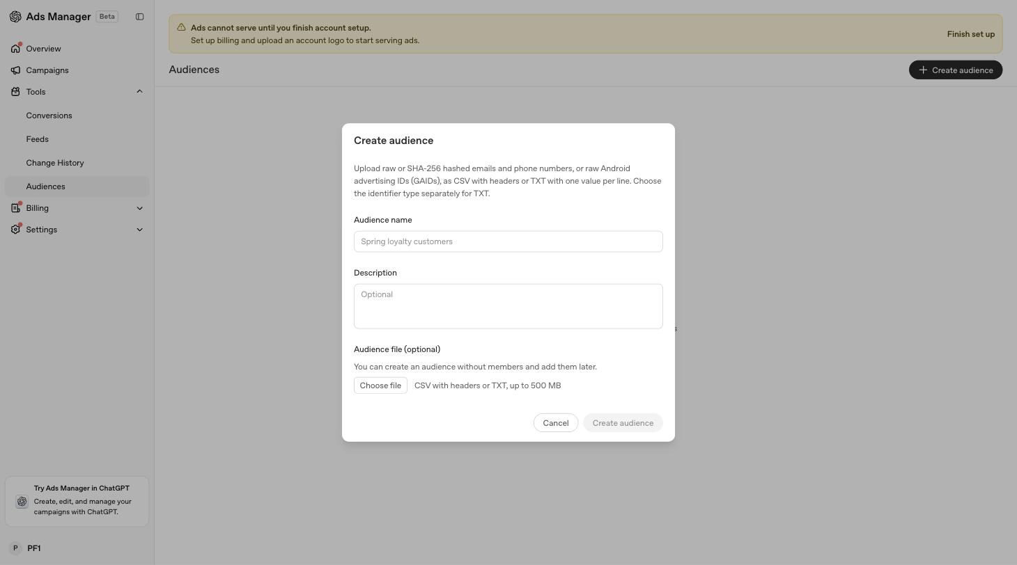 The Create audience dialog