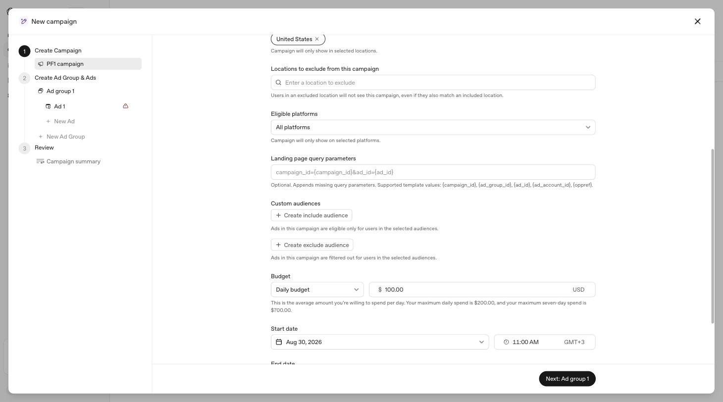 The Custom audiences section of the campaign builder with include and exclude buttons