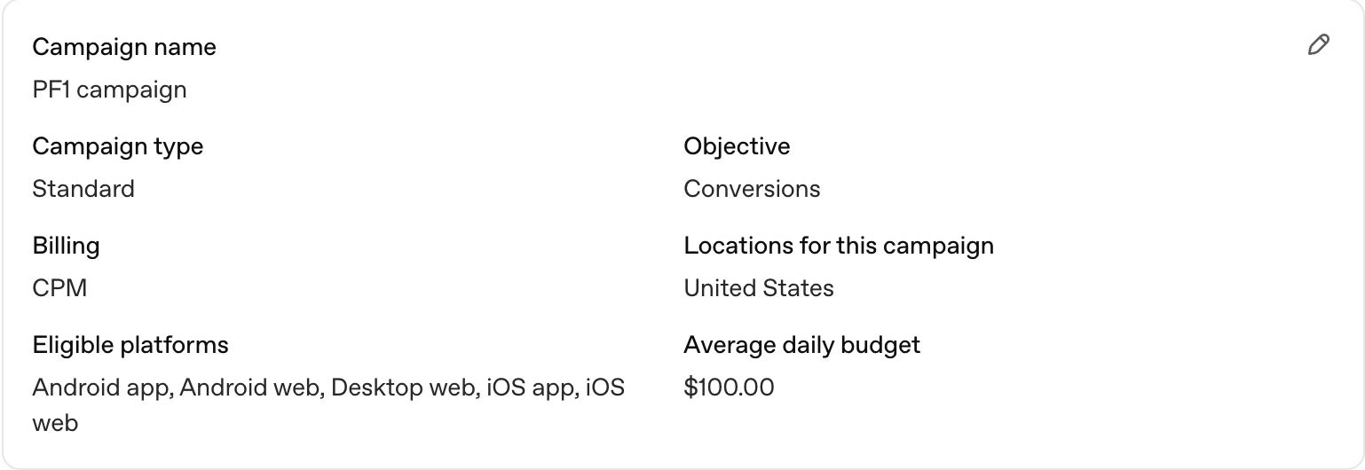 A drafted campaign summary showing Objective Conversions, Billing CPM and all five platforms