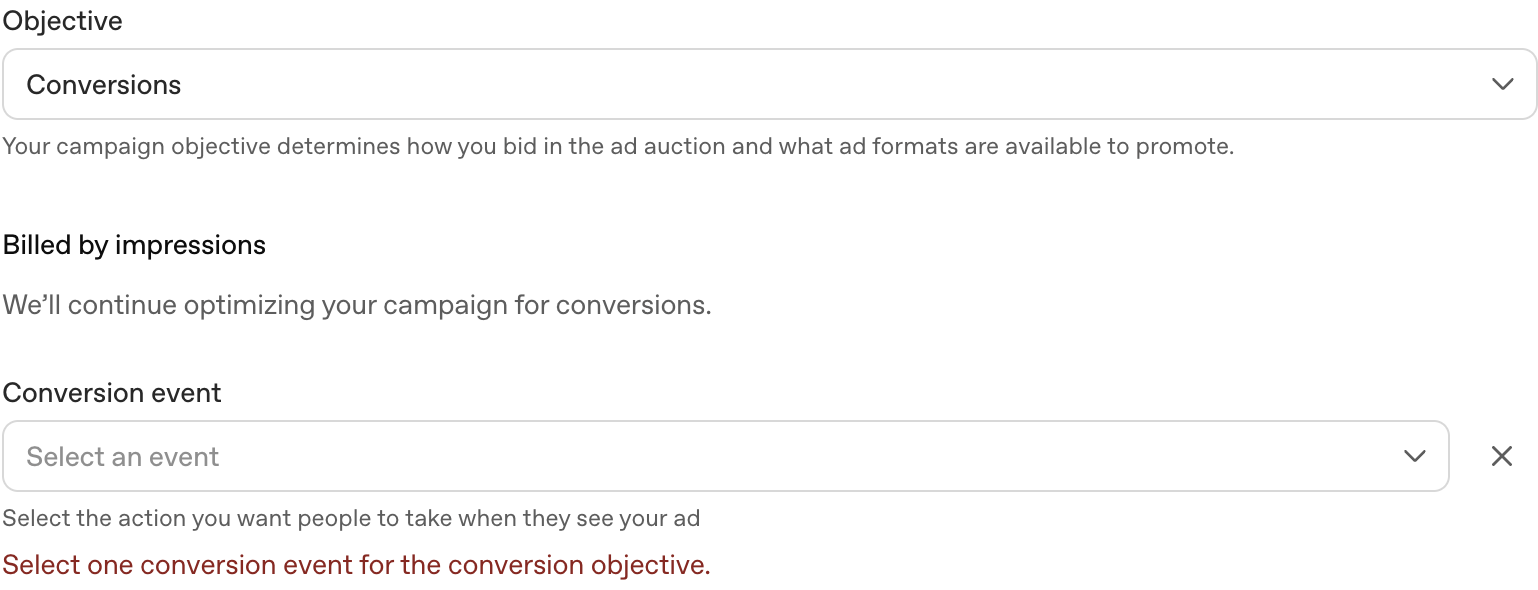 The Conversions objective showing "Billed by impressions — We'll continue optimizing your campaign for conversions"