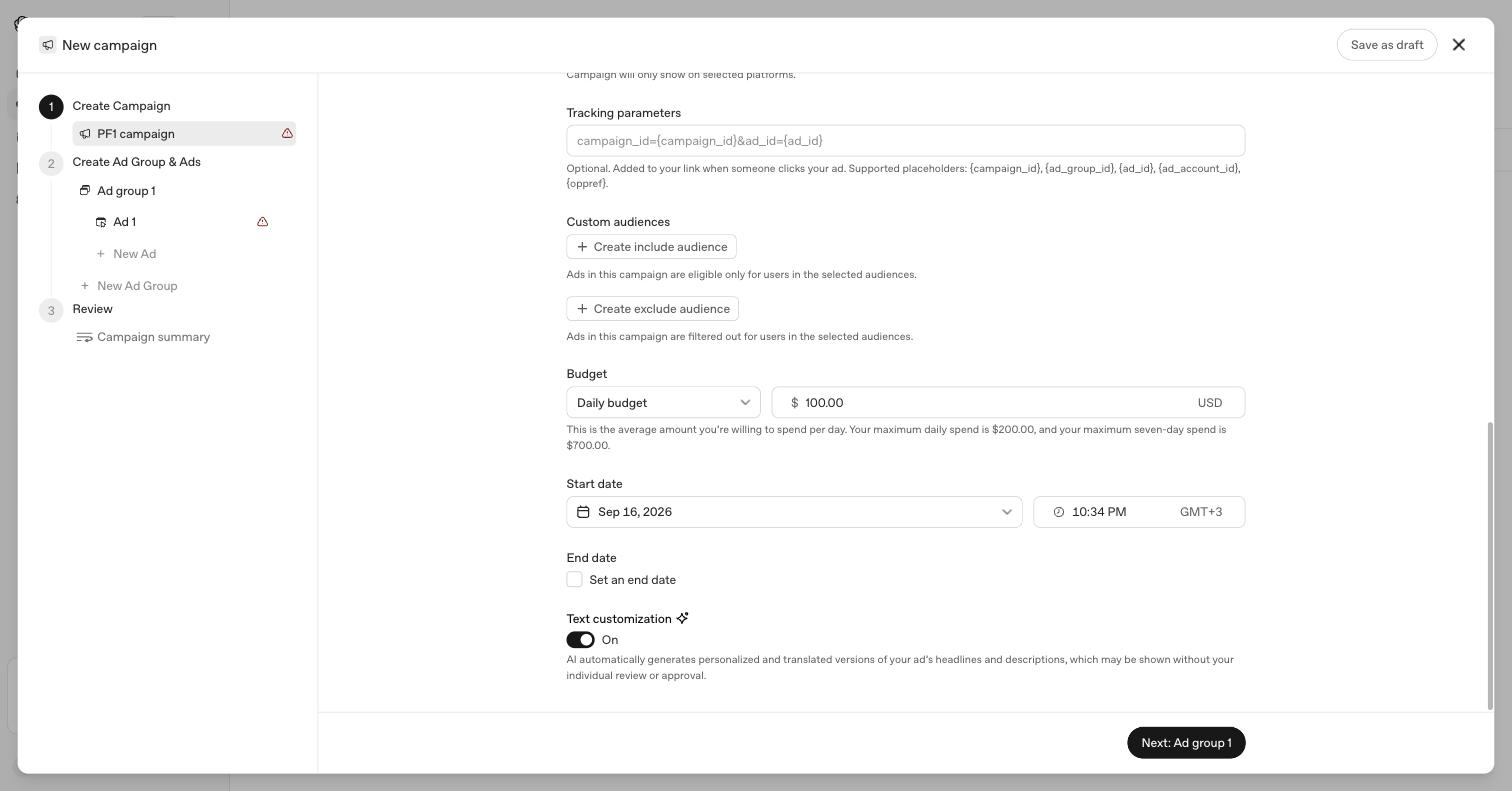 The Text customization toggle set to On, with the note that versions may be shown without individual review or approval