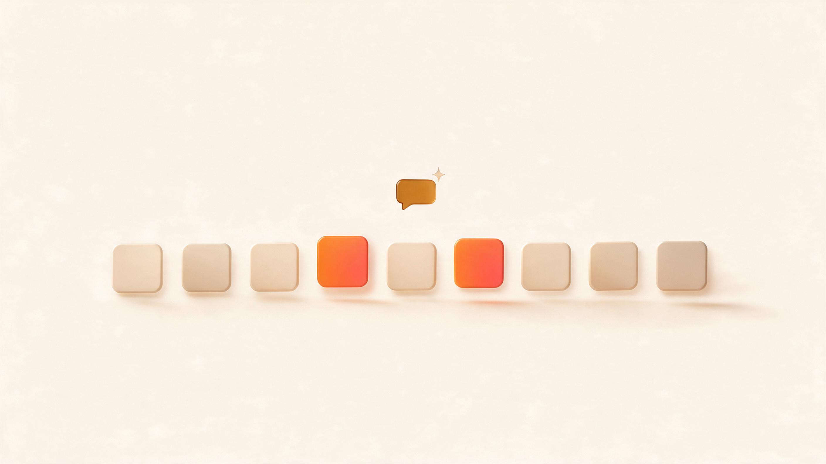A row of nine tiles with two raised in orange, beneath a small speech bubble and a sparkle